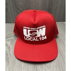 United Steelworkers USW Local 104 Red Trucker Hat Mesh Back Snapback Made in USA